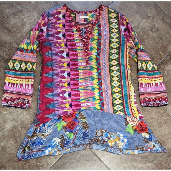 Johnny Was Kamelia Mixed Print V-Neck Button Front 100% Silk Blouse M - Picture 5 of 12